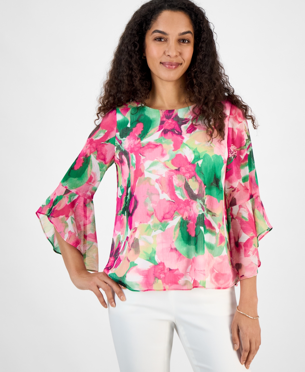 Women's Floral-Chiffon Ruffle Bell-Sleeve Blouse, Regular & Petite Sizes - Vanilla Ice Multi
