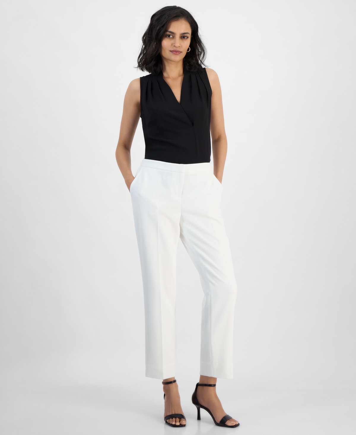 Women's Textured Fly-Front Elastic-Back Ankle Pants, Regular & Petite Sizes - Lily White