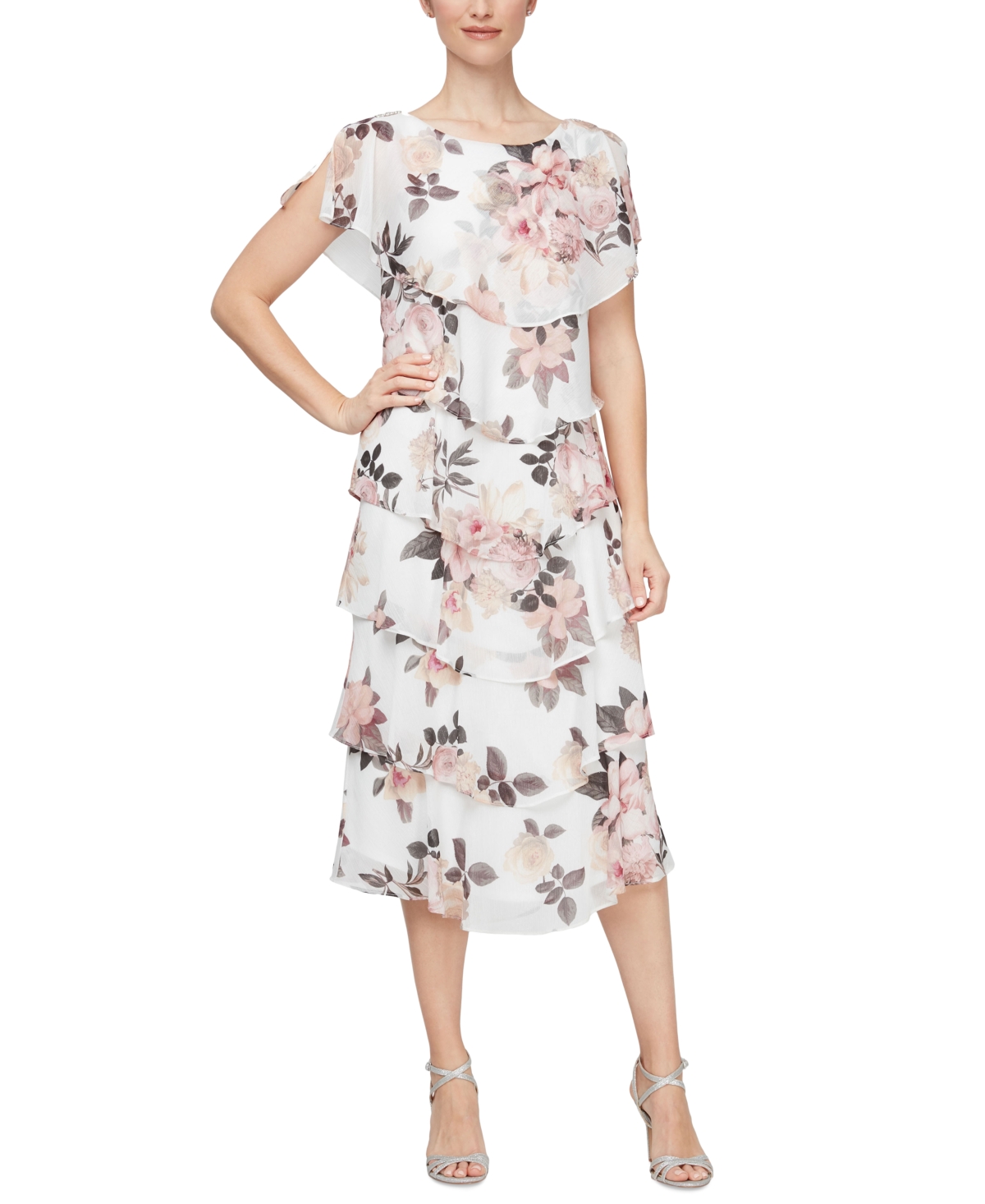 Women's Capelet-Sleeve Tiered Midi Dress - Ivory Pink