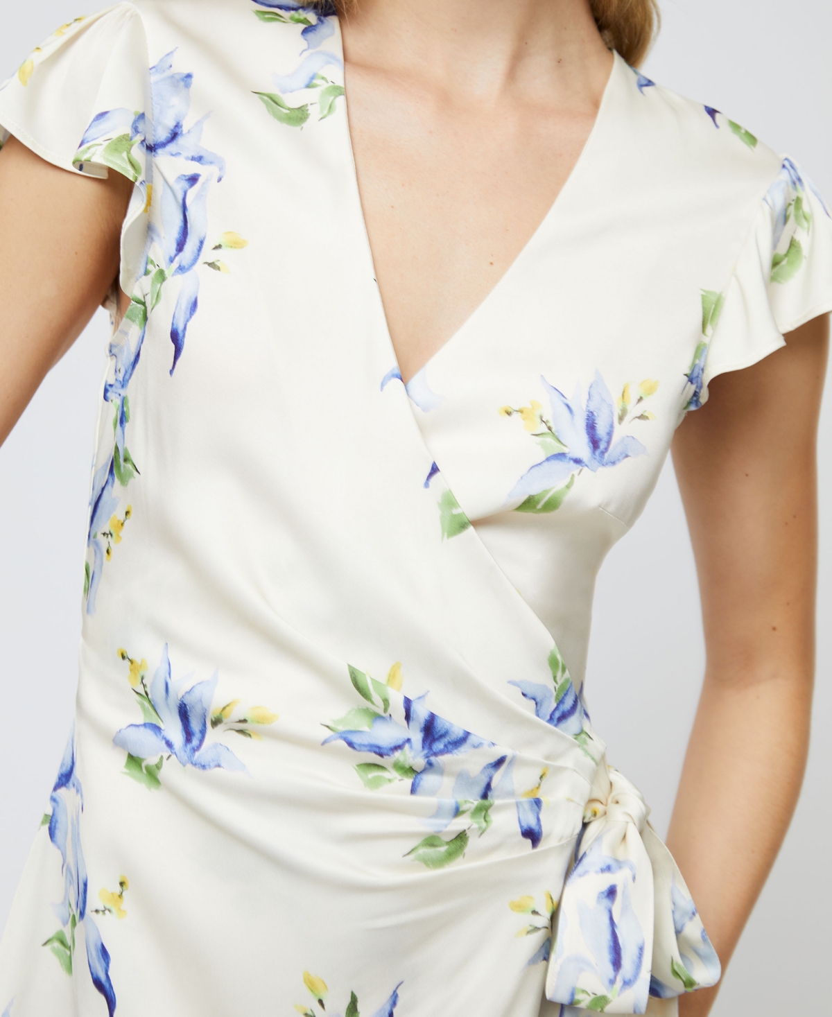 French Connection Ennis Vivian Floral Satin Wrap Minidress In Pale Iris Multi