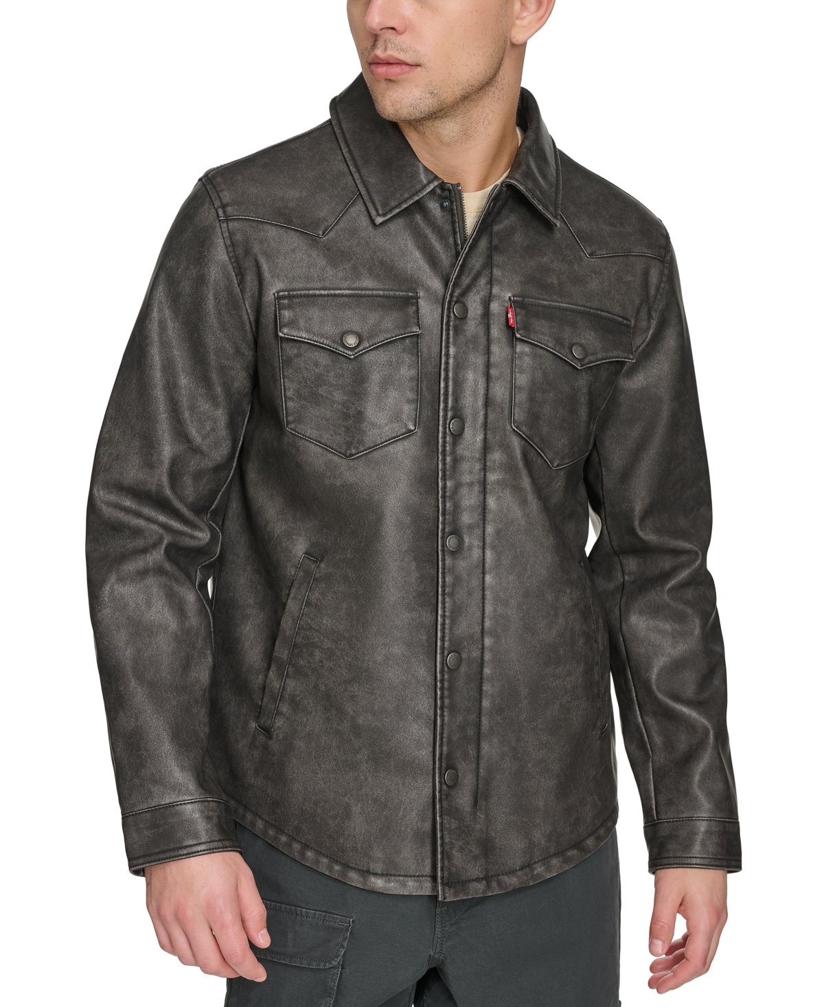 Men's Full-Zip Faux-Leather Western Shirt Jacket - Grey