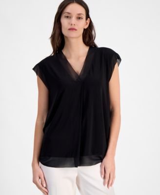 Anne Klein - Women's Extended-Shoulder Mixed-Media Top