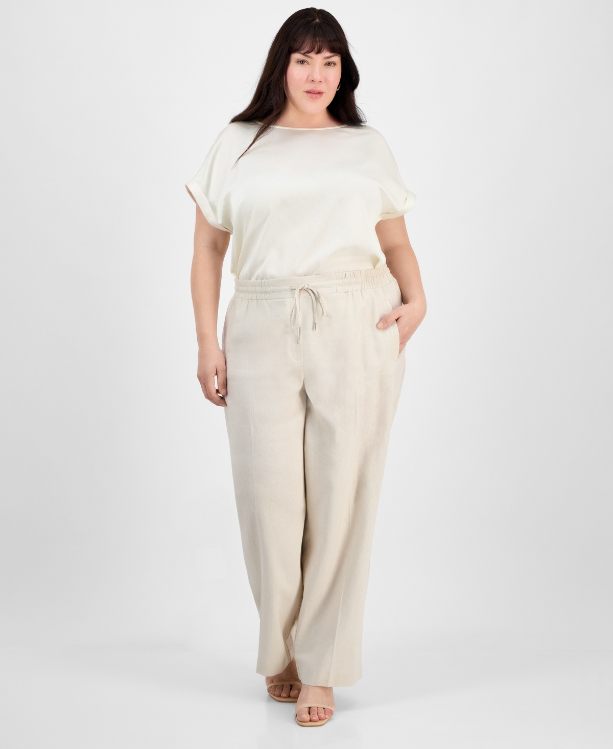 Plus Size Linen-Blend Pull-On Pants - Natural Stone