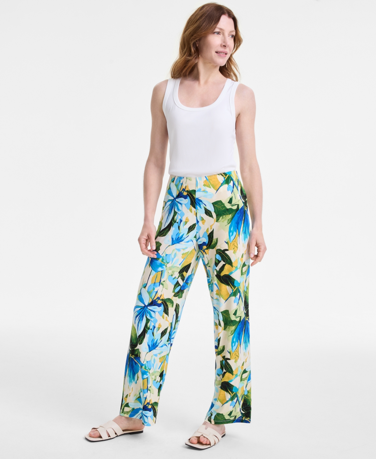 Women's Printed Wide-Leg Pull-On Pants, Exclusively at Macy's - Beige Creme