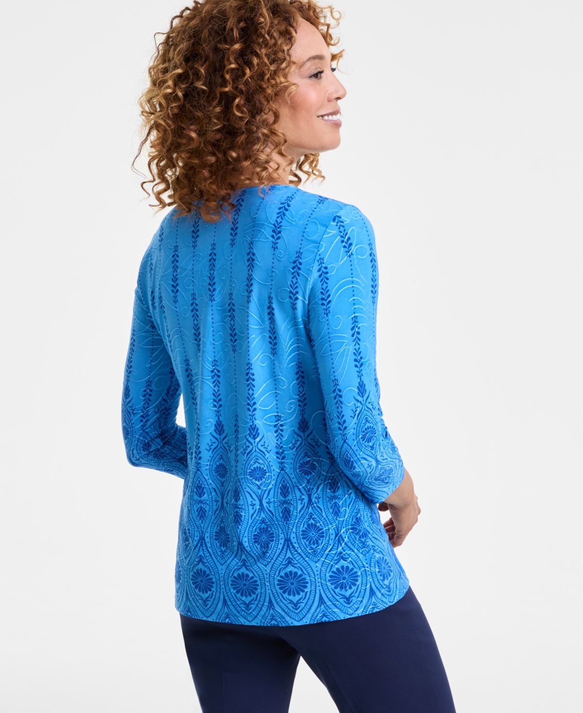 JM COLLECTION PETITE PRINTED JACQUARD SCOOP-NECK TOP, EXCLUSIVELY AT MACY'S 