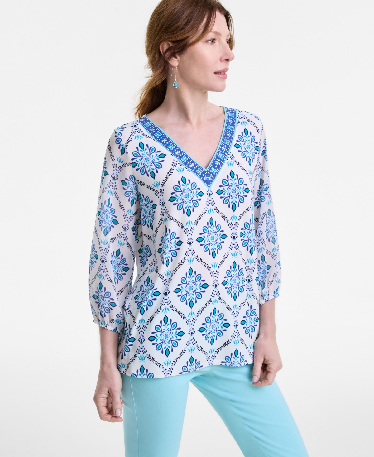 Jm Collection Women's Embellished V-neck 3/4-sleeve Top, Exclusively At Macy's In Neo Natural