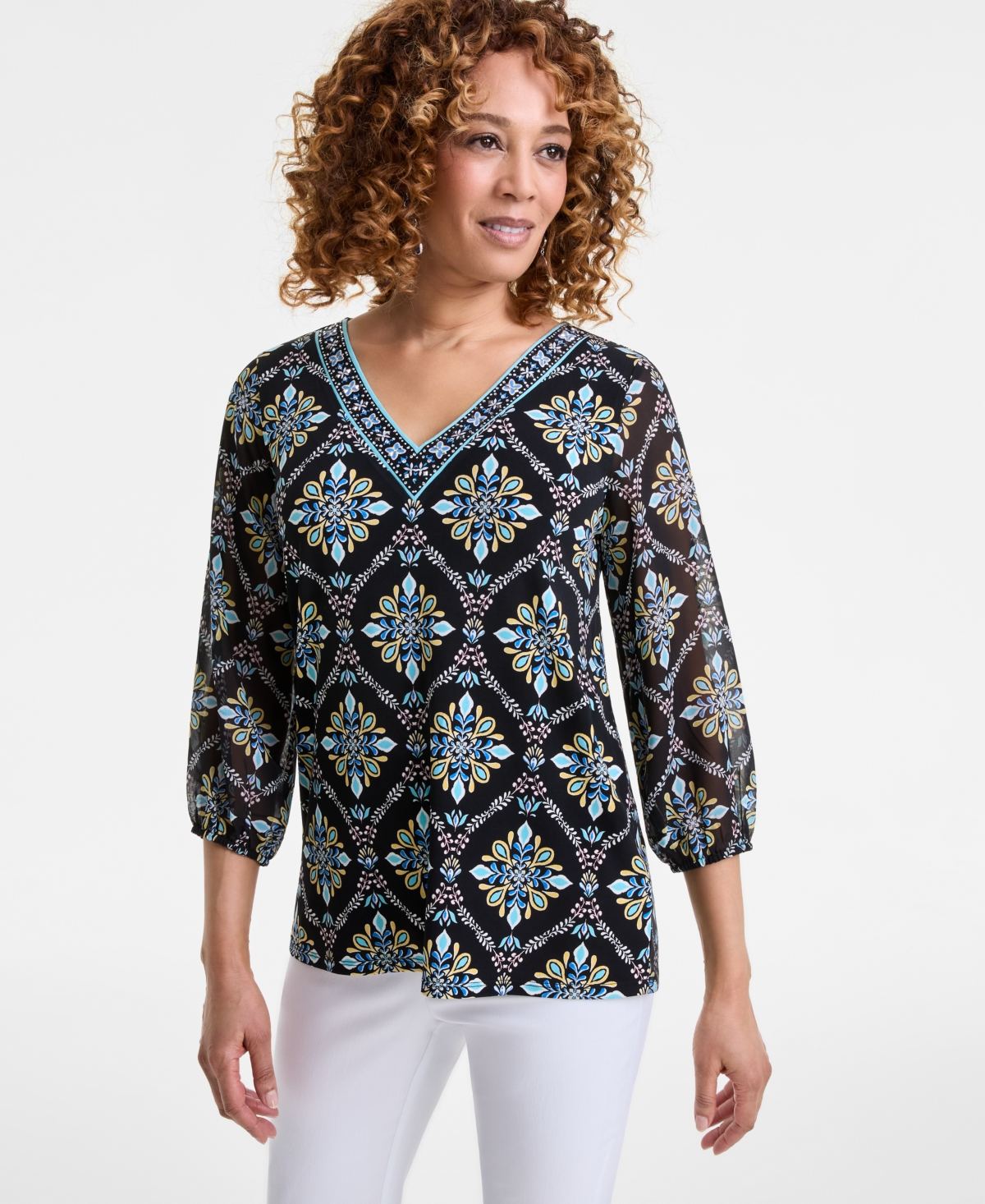 JM COLLECTION WOMEN'S EMBELLISHED V-NECK 3/4-SLEEVE TOP, EXCLUSIVELY AT MACY'S 