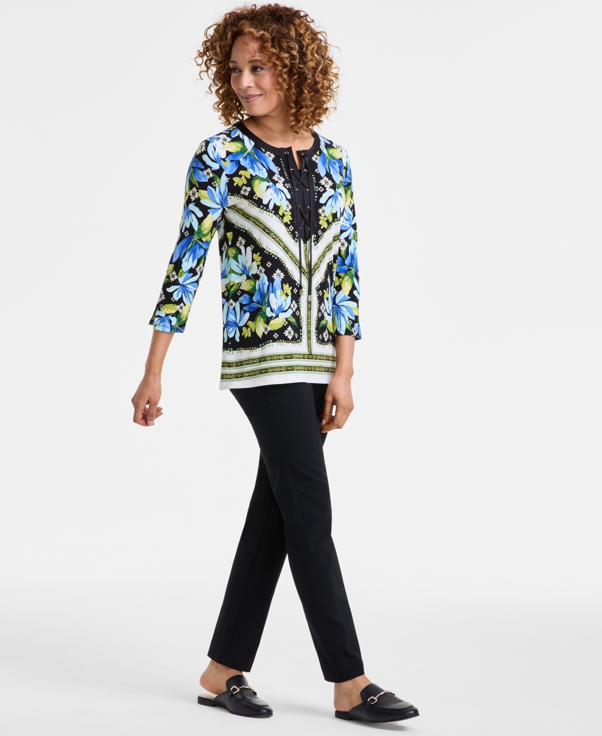 JM COLLECTION WOMEN'S PRINTED LACE-UP 3/4-SLEEVE TOP, EXCLUSIVELY AT MACY'S 