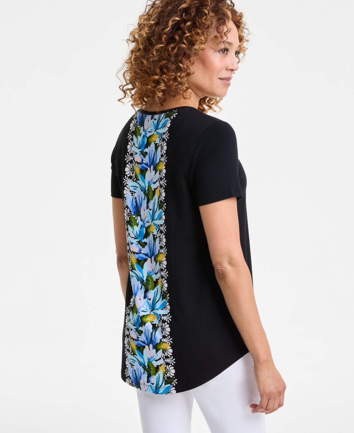Shop Jm Collection Women's Printed Scoop-neck Short-sleeve Top, Exclusively At Macy's In Deep Black