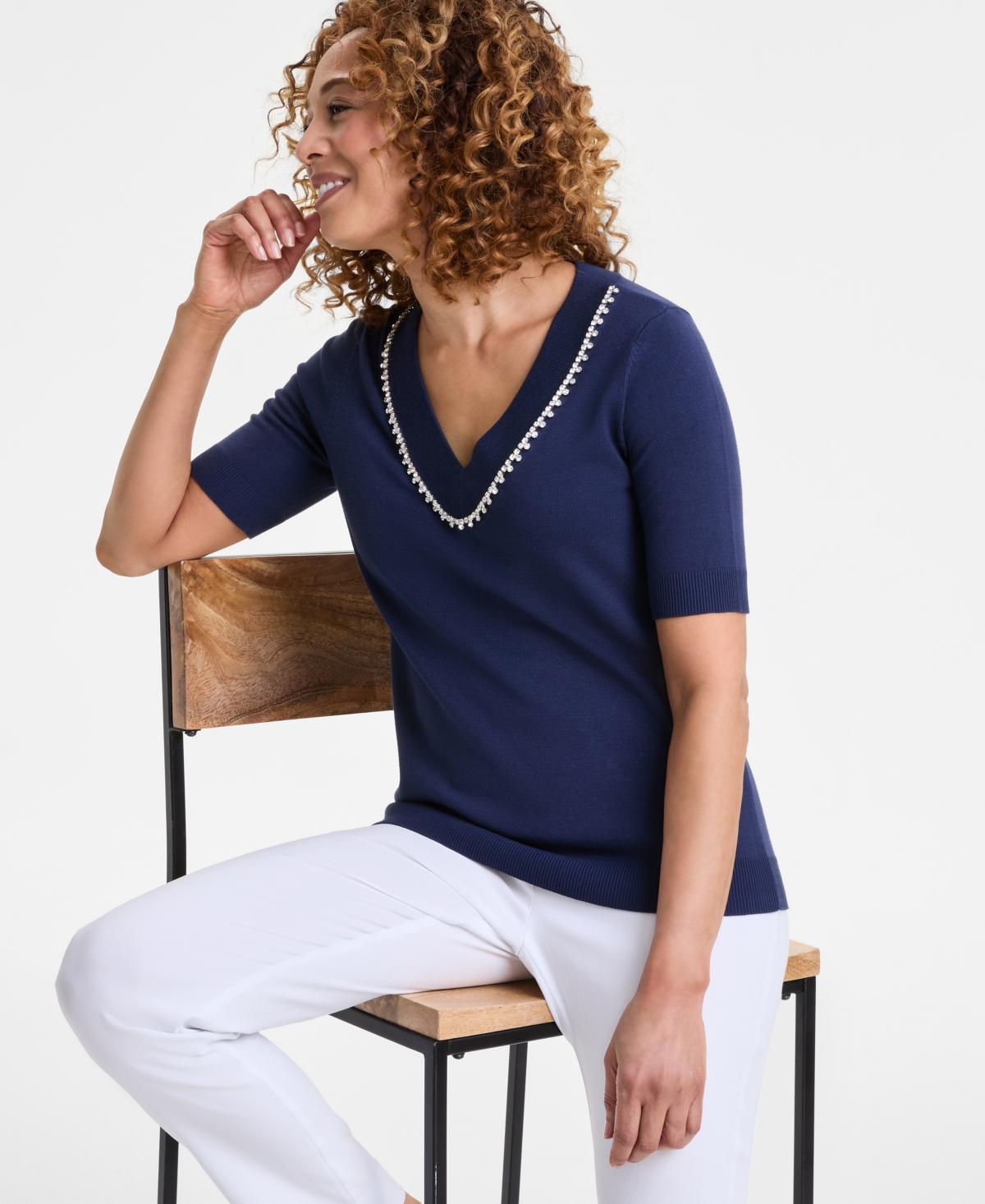 Shop Jm Collection Women's Embellished Elbow-sleeve Sweater, Exclusively At Macy's In Intrepid Blue