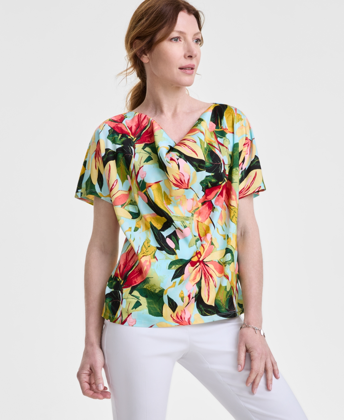 JM COLLECTION WOMEN'S PRINTED COWL NECK MIXED-MEDIA TOP, EXCLUSIVELY AT MACY'S 