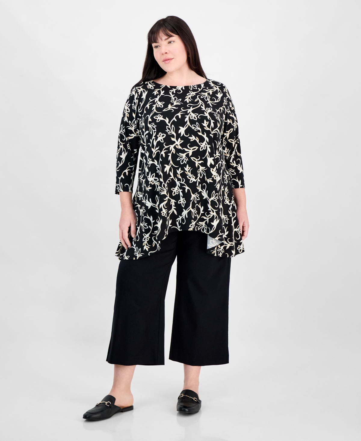 Jm Collection Plus Size Printed High-low Swing Top, Exclusively At Macy's In Deep Black