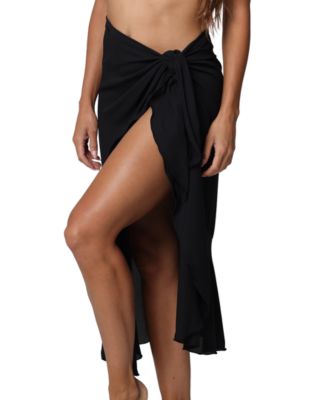 Women's Solid Ruffled Long Side-Tie Sarong Cover-Up