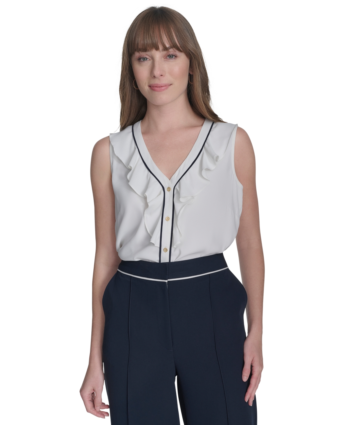 Tommy Hilfiger Women's Ruffle Contrast-tipped Blouse In Ivory,midnight