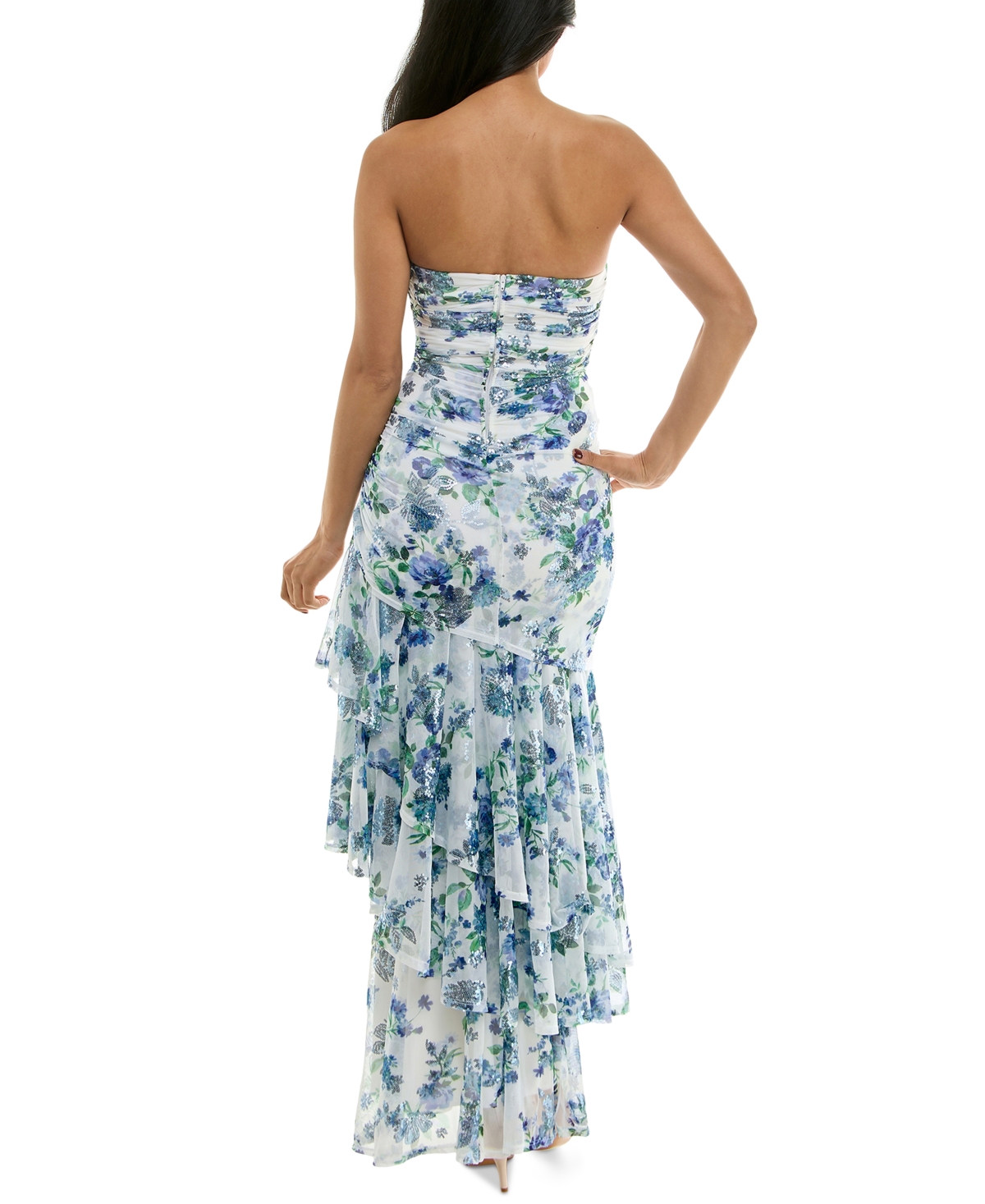 Emerald Sundae Juniors' Sequin Embellished Floral Print Ruffled Strapless Gown, Created For Macy's In Ivory,blue