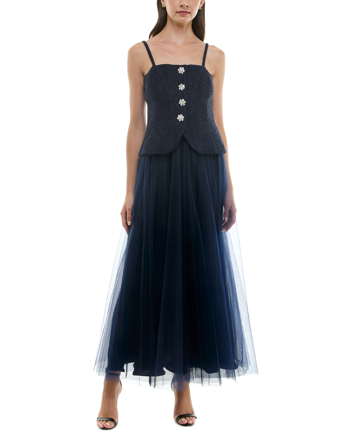 Women's Mixed-Media Embellished-Button Gown - Navy