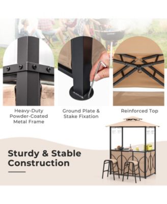 GOUUN 3-Piece Patio Bar Set Grill Gazebo & 2 Bar Stools with Tempered Glass Bar Table
