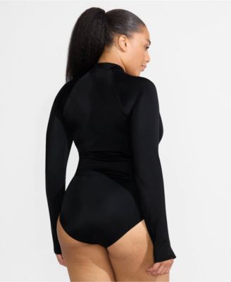 Plus Size Tugless Long Sleeve Rash Guard One Piece Swimsuit