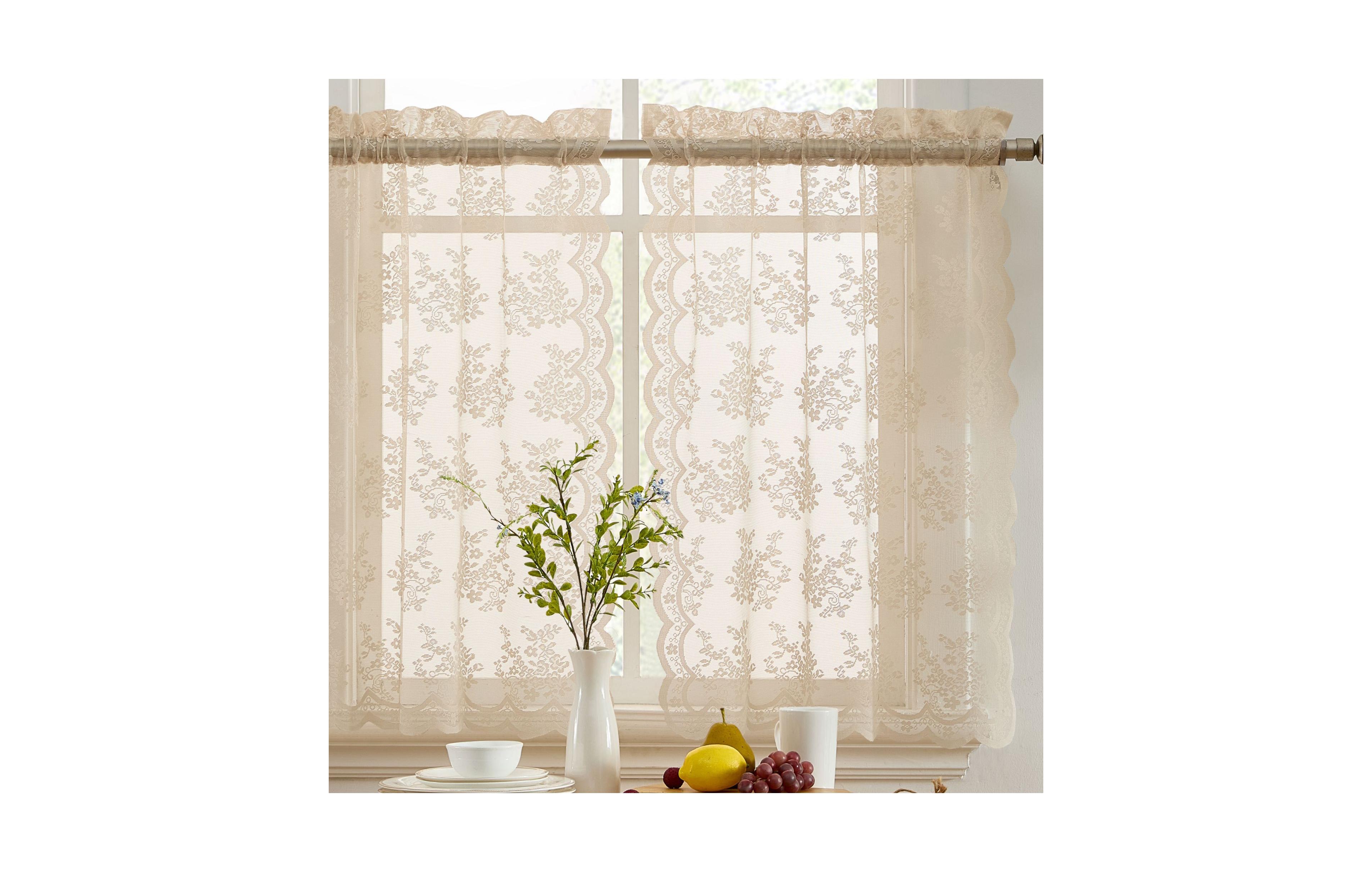 Hlc.me Jolene Floral Rod Pocket Lace Semi Sheer Voile Short Cafe Tiers for Small Windows - 28 x 24 Inch Length (Taupe Tiers, Set of 2)