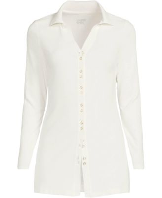 Women's Long Sleeve Polished Rib Button Through Tunic Shirt