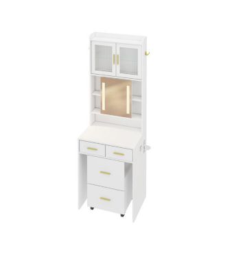Small Vanity Desk with Mirror and LED Lights – Compact Makeup Table with Charging Station and Storage Shelves for Small Spaces