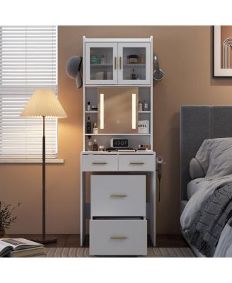 Small Vanity Desk with Mirror and LED Lights – Compact Makeup Table with Charging Station and Storage Shelves for Small Spaces