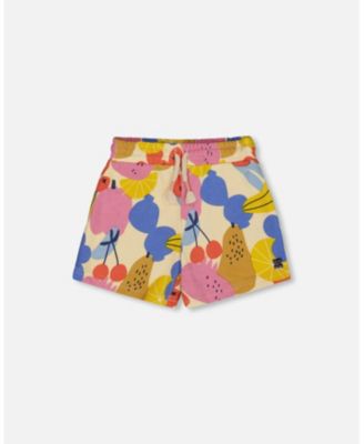 Big Girls Printed French Terry Short Fruits On Yellow Background