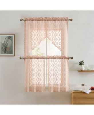 Isabella Floral Rod Pocket Lace Semi Sheer Voile Short Cafe Tiers for Small Windows - 28 x 36 Inch Length (Blush Pink Tiers, Set of 2)