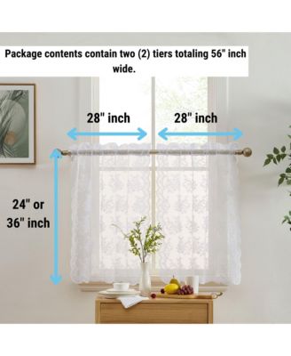 Jolene Floral Rod Pocket Lace Semi Sheer Voile Short Cafe Tiers for Small Windows - 28 x 24 Inch Length (White Tiers, Set of 2)