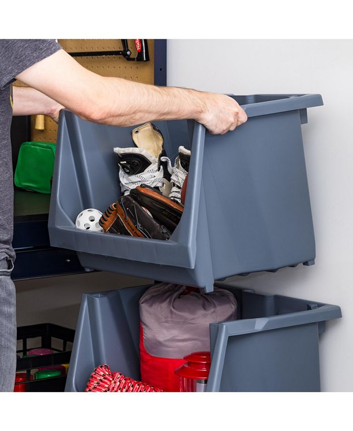 IRIS USA Medium Stackable Storage Bins Open Front, Heavy Duty Garage Organization, Gray 3Pack