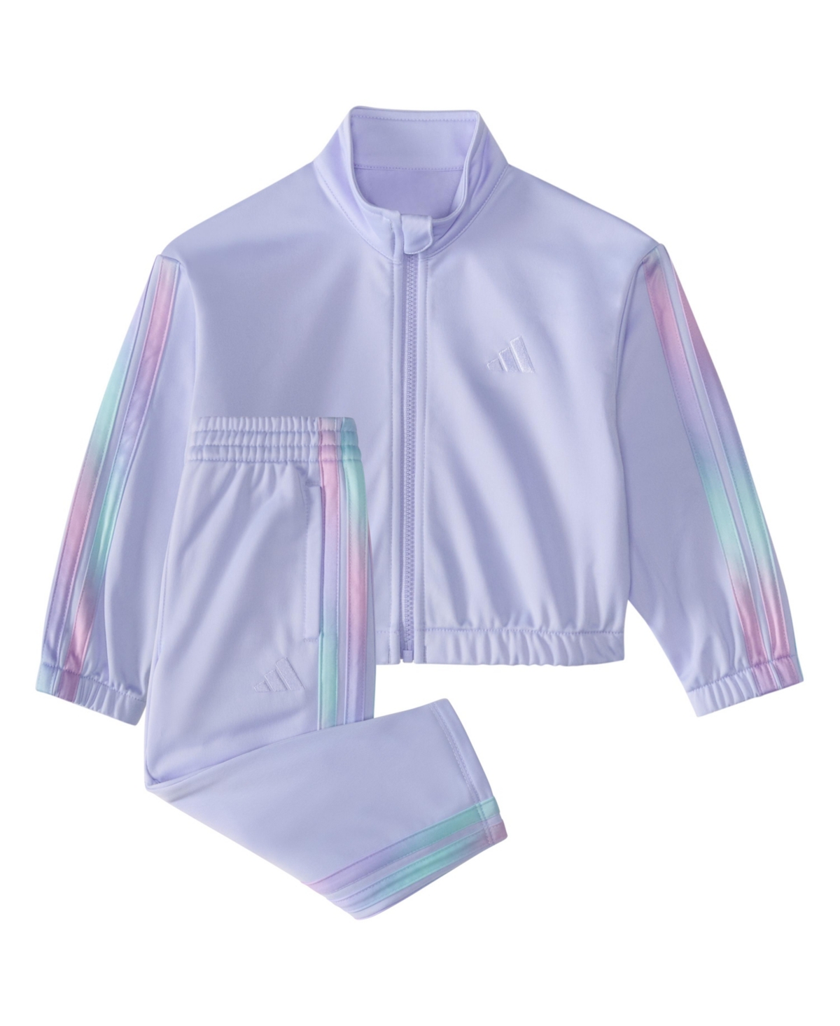 Adidas Originals Baby Girls 2-piece Long Sleeve Printed 3-stripe Fashion Tricot Jacket & Pant Set In Violet Tone