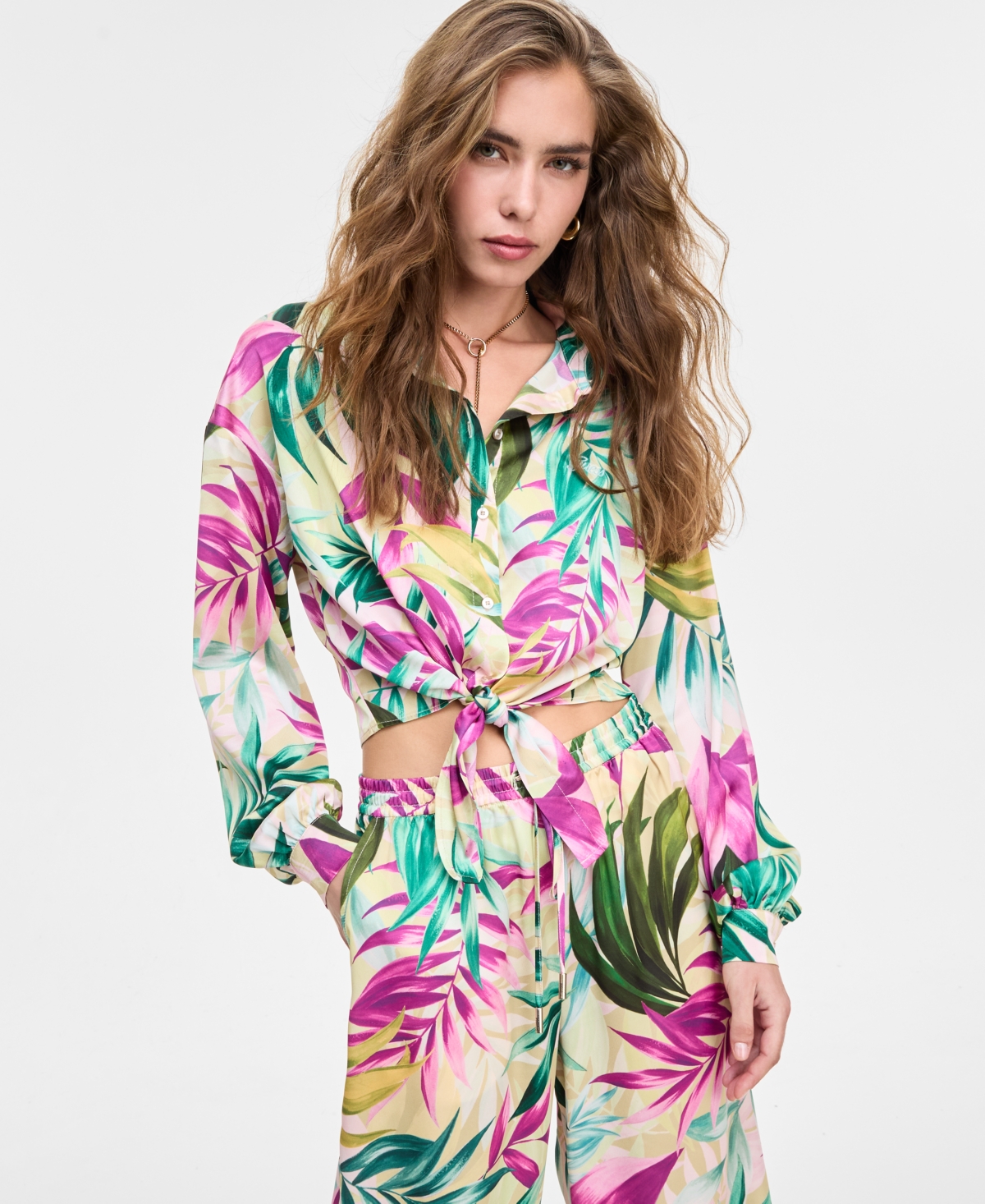 Women's Tie-Front Printed Shirt - Tropical Escape Print
