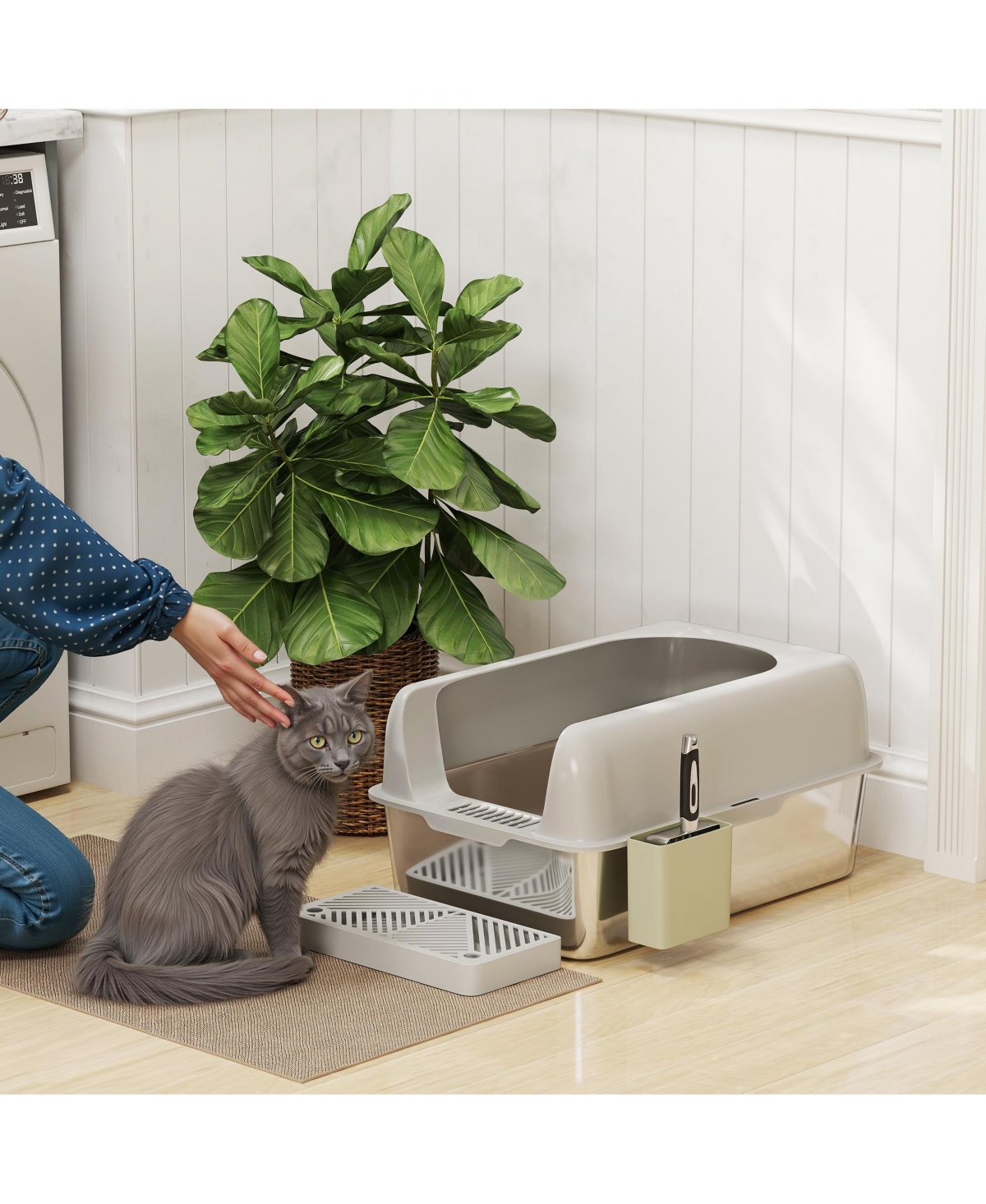 PawHut Stainless Steel Litter Box with High Sided for Anti-Urine Leakage