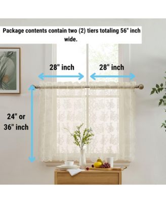 Jolene Floral Rod Pocket Lace Semi Sheer Voile Short Cafe Tiers for Small Windows - 28 x 24 Inch Length (Ivory Tiers, Set of 2)