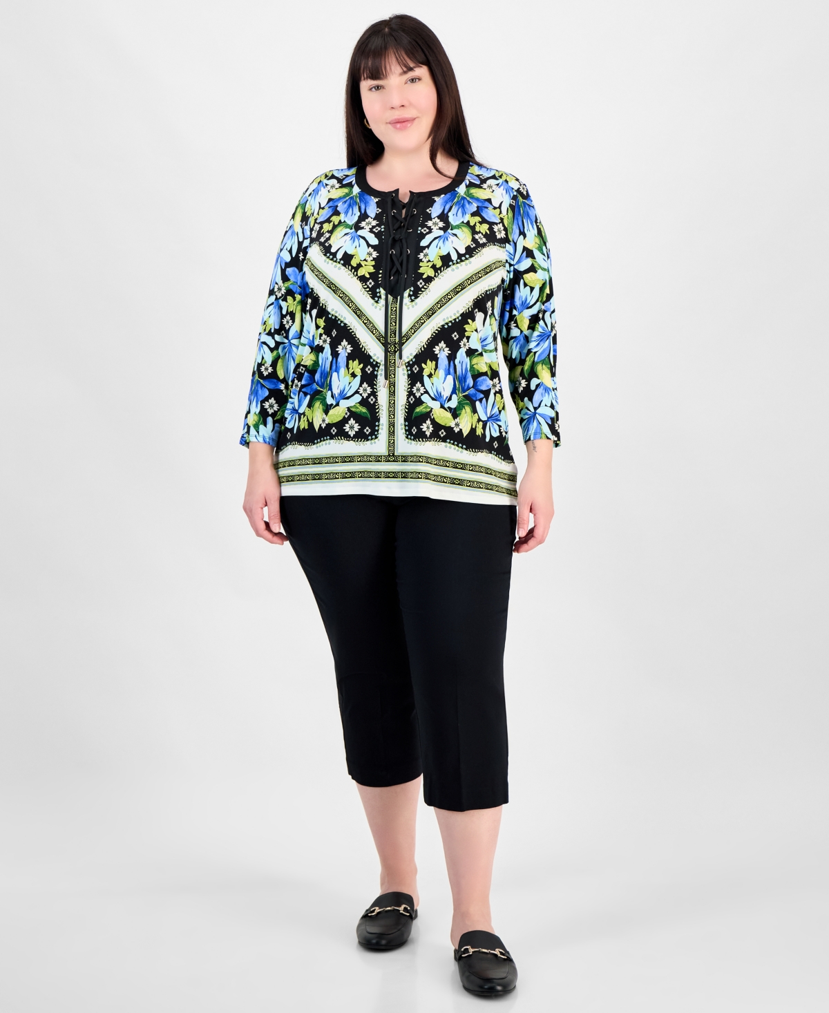 Shop Jm Collection Plus Size Printed 3/4-sleeve Top, Exclusively At Macy's In Deep Black