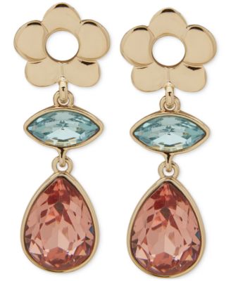 KARL LAGERFELD PARIS - Gold-Tone Colored Stone & Flower Drop Earrings