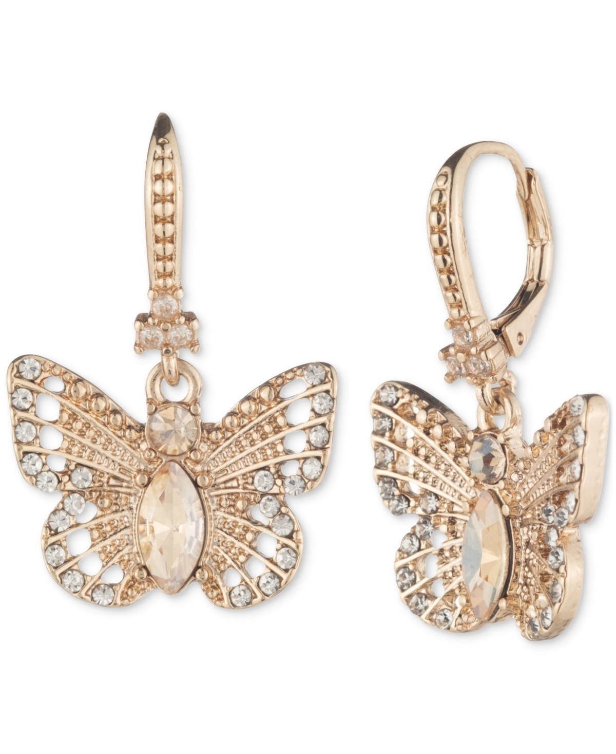 MARCHESA GOLD-TONE MIXED CRYSTAL BUTTERFLY DROP EARRINGS 