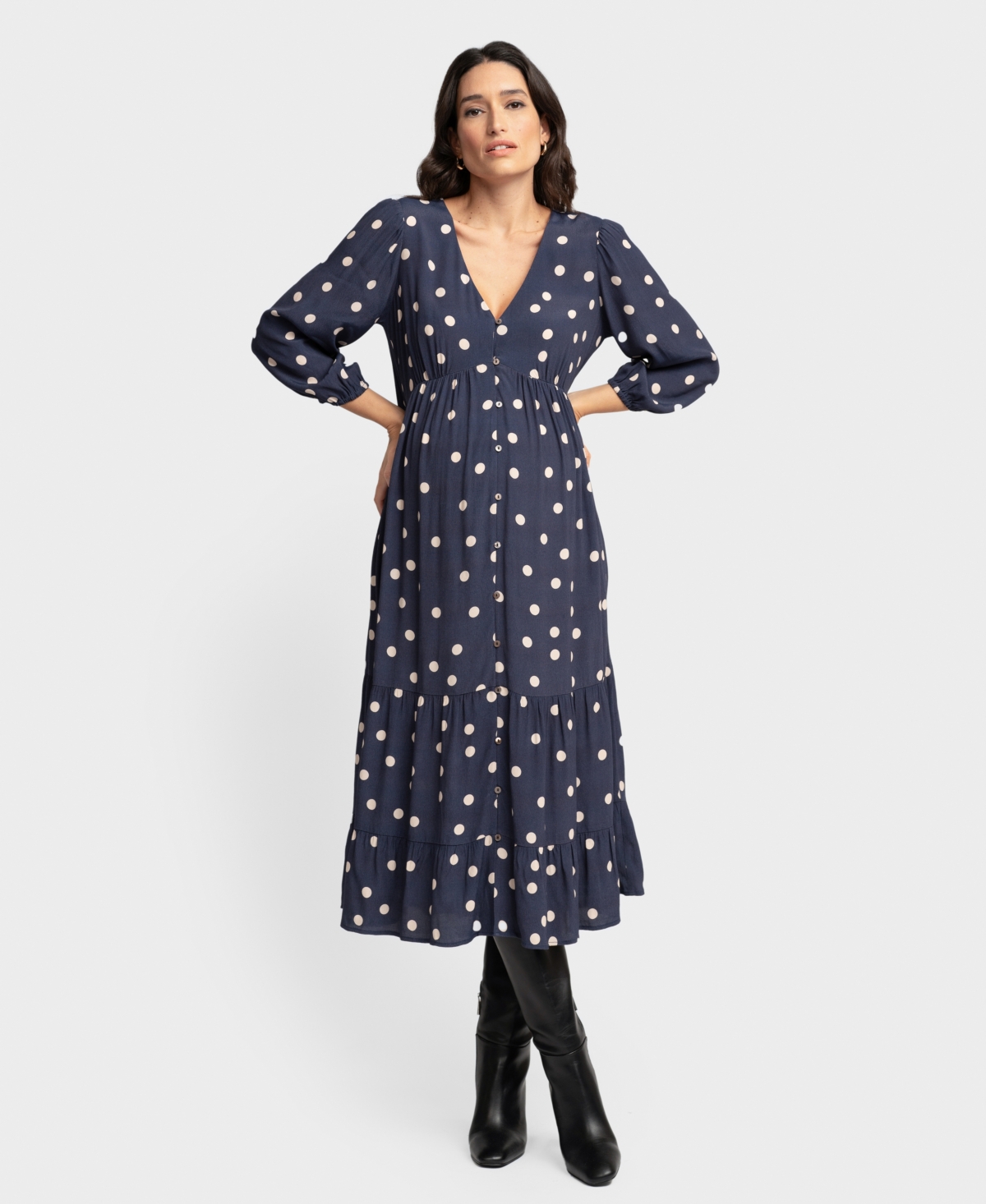 Shop Seraphine Women's Maternity V-neck Button Down Tiered Dress In Navy Dot