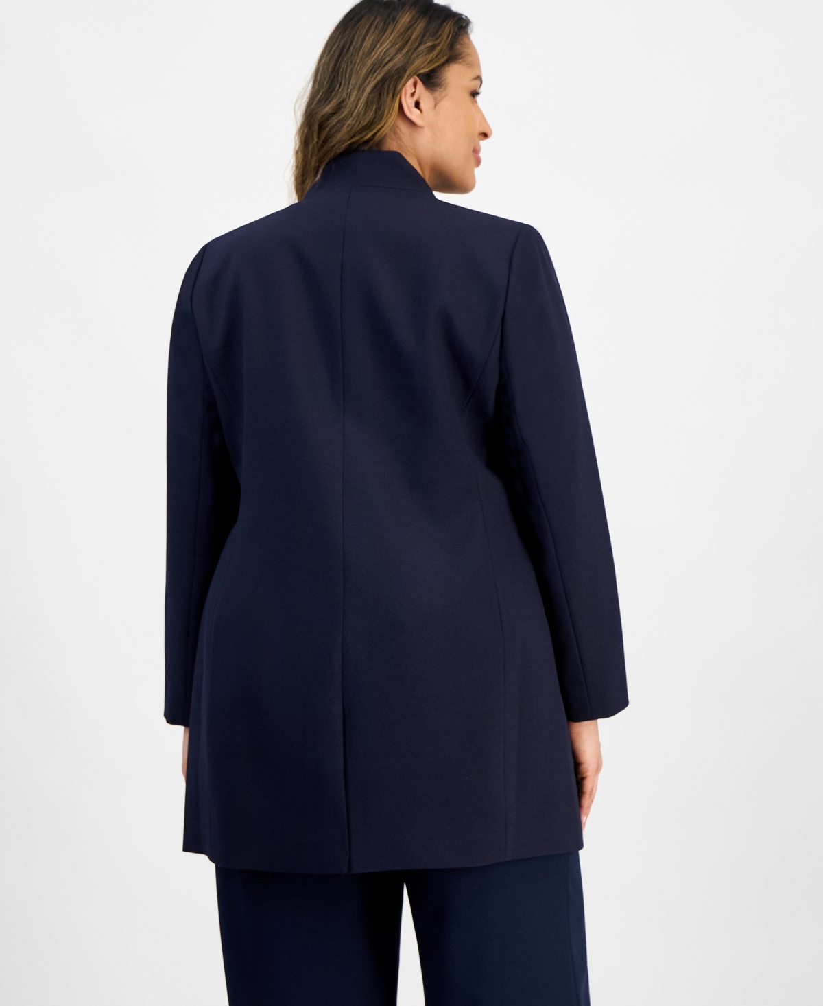 Tahari Asl Plus Size Single Button Crepe Blazer Wide Leg Pants In Navy