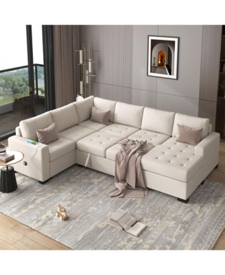 3-Piece Fabric Sectional Sofa – Pull-out Sleeper Bed, Lounge Chair, USB & Type-C Ports – Living Room/Office Furniture