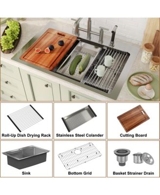 33" L x 22" W Single Bowl Stainless Steel Drop-in Workstation Kitchen Sink with Accessories