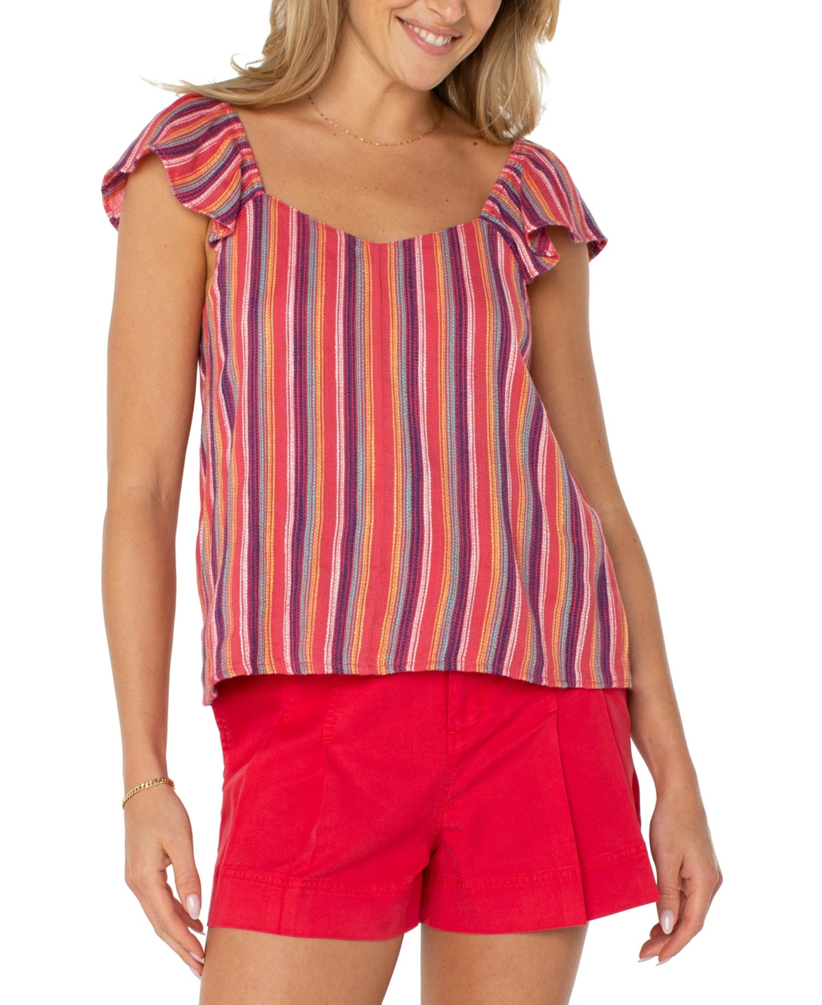 Women's Flutter Sleeve Striped Top - Red Blue Multistripe