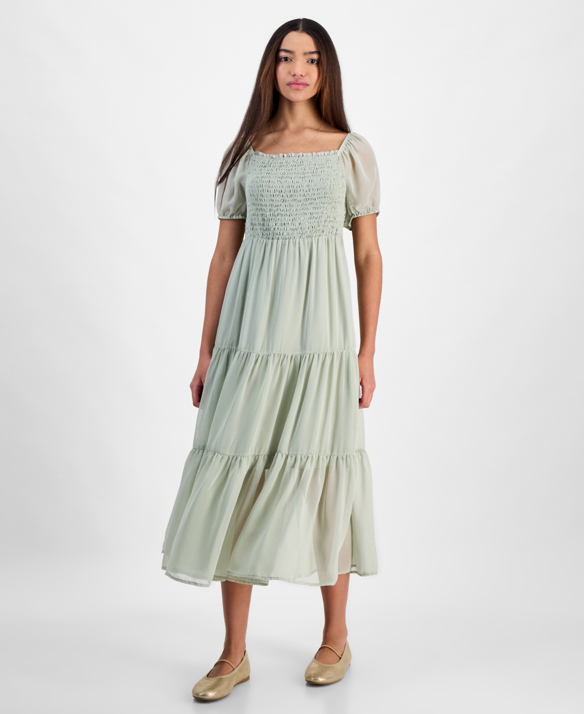 Celebrity Pink Juniors' Smocked Puff-sleeve Midi Dress In Desert Sage