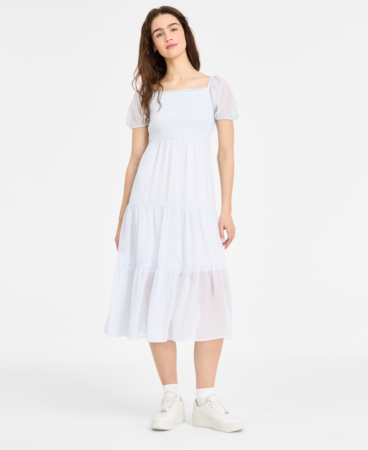 Celebrity Pink Juniors' Smocked Puff-sleeve Midi Dress In Blue Gingham
