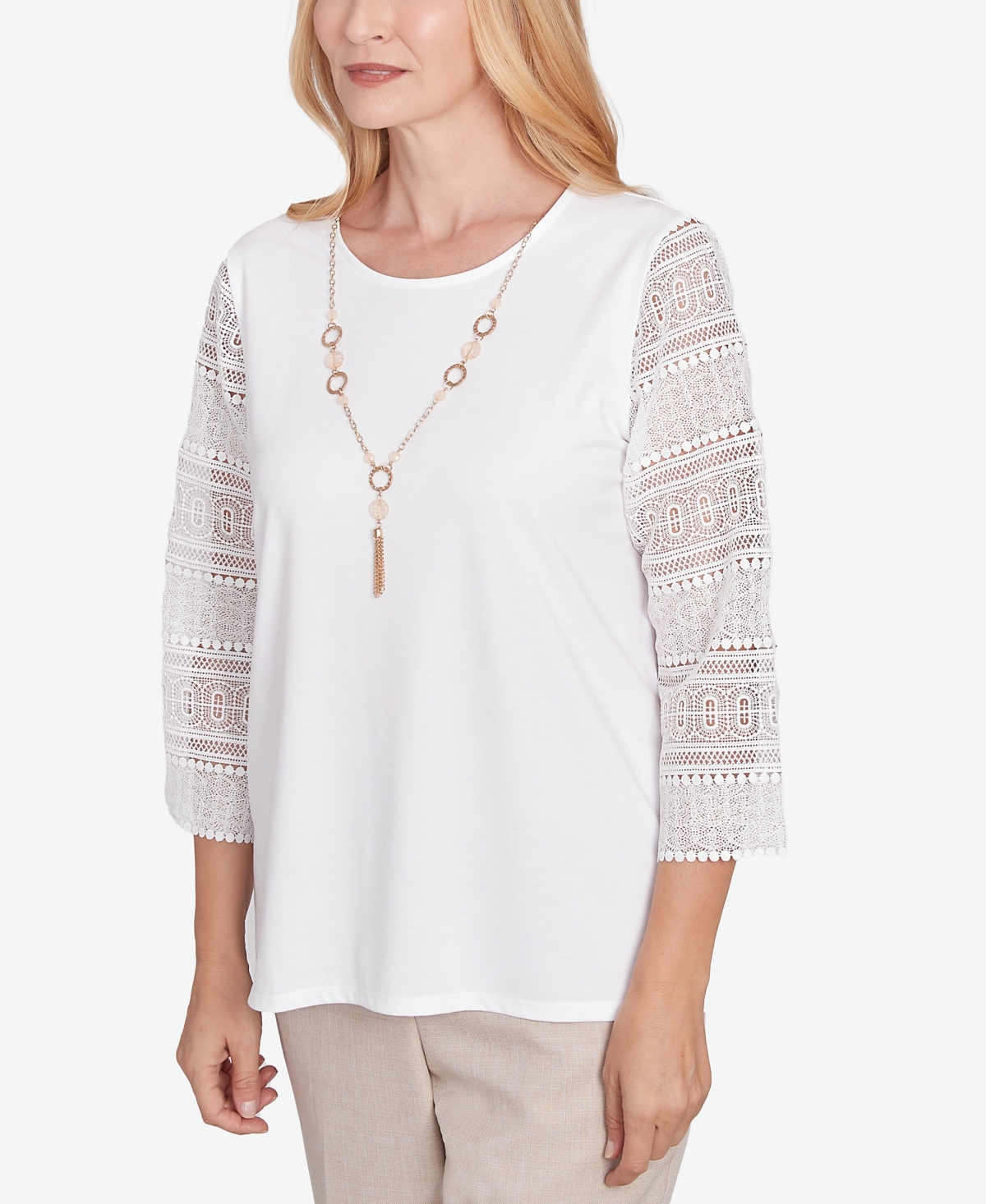 Alfred Dunner Petite Kensington Gardens Solid Lace Sleeve Knit Top With Necklace In Ivory