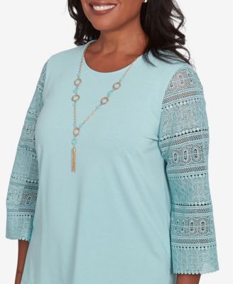 Women's Kensington Gardens Solid Lace Sleeve Knit Top with Necklace