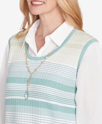 Women's Kensington Gardens Striped Vest Collared Two in One Sweater with Necklace