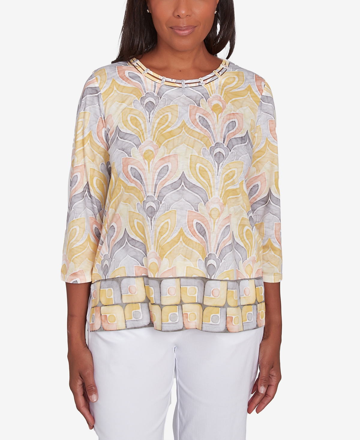 Women's Dress Code Geometric Medallion Crewneck Top - Multi Yellow