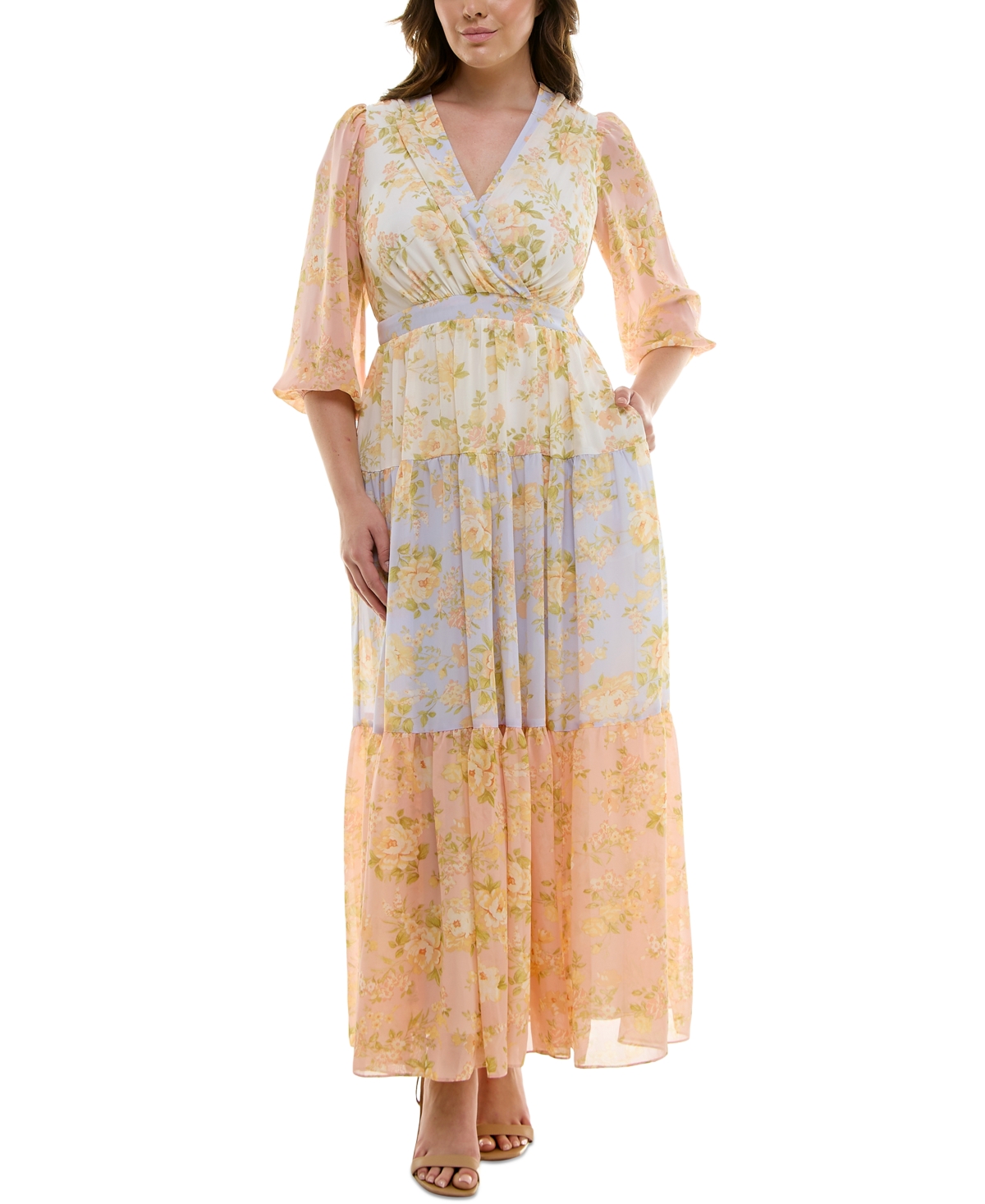 TAYLOR PLUS SIZE PRINTED BLOUSON-SLEEVE MAXI DRESS 