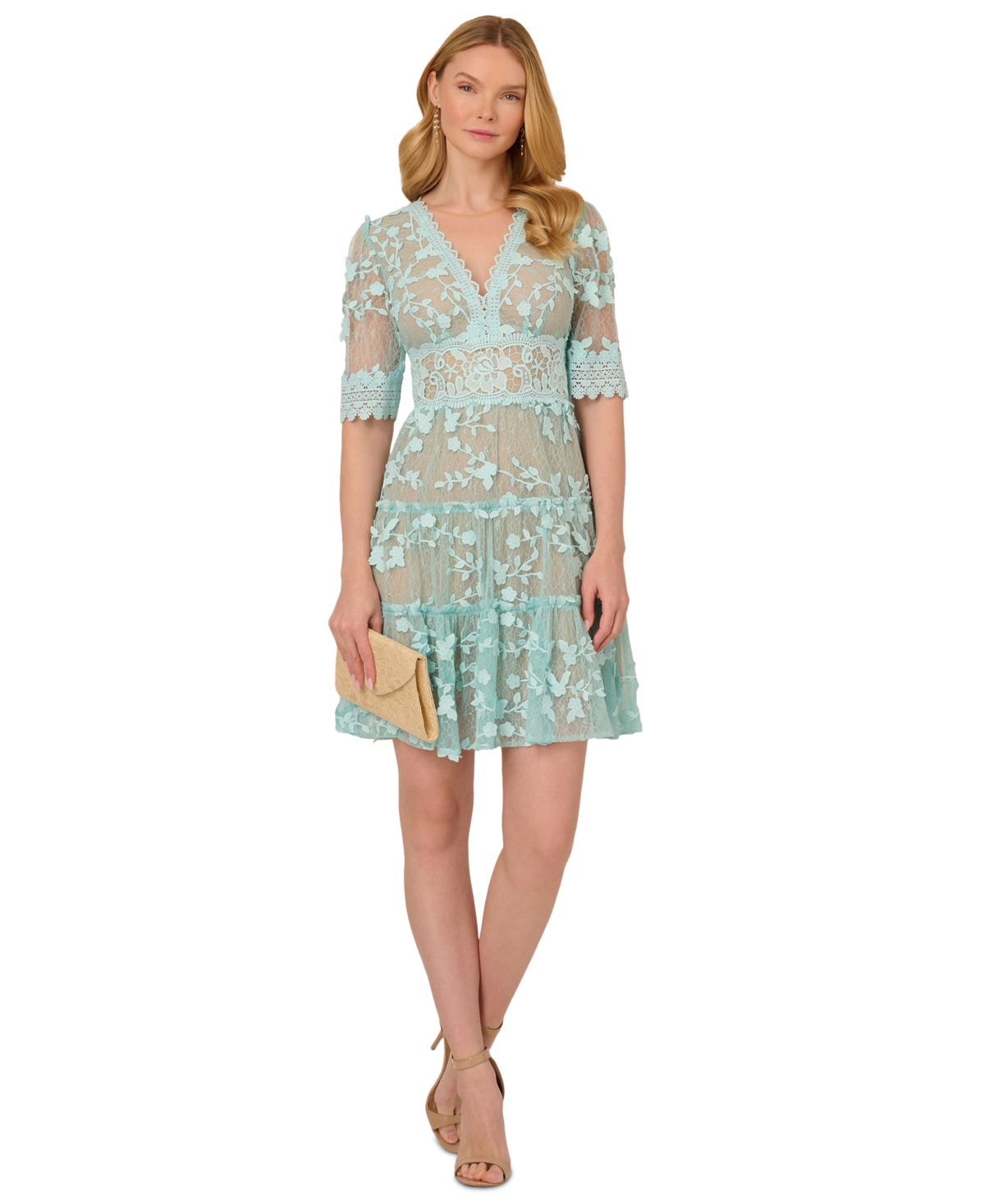 ADRIANNA PAPELL WOMEN'S V-NECK LACE EMBROIDERY DRESS 